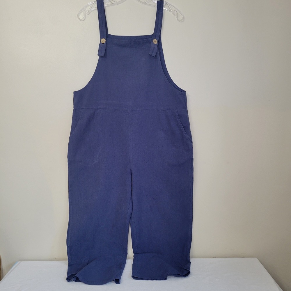 Womens Blue Linen Blend Wide Leg‎ Crop Overall Jumpsuit Size M Coastal Boho